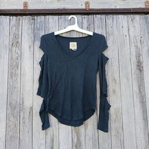 Chaser Waffle Knit Dark Blue Thermal V-neck Cutout Sleeve Top Womens Sz XS